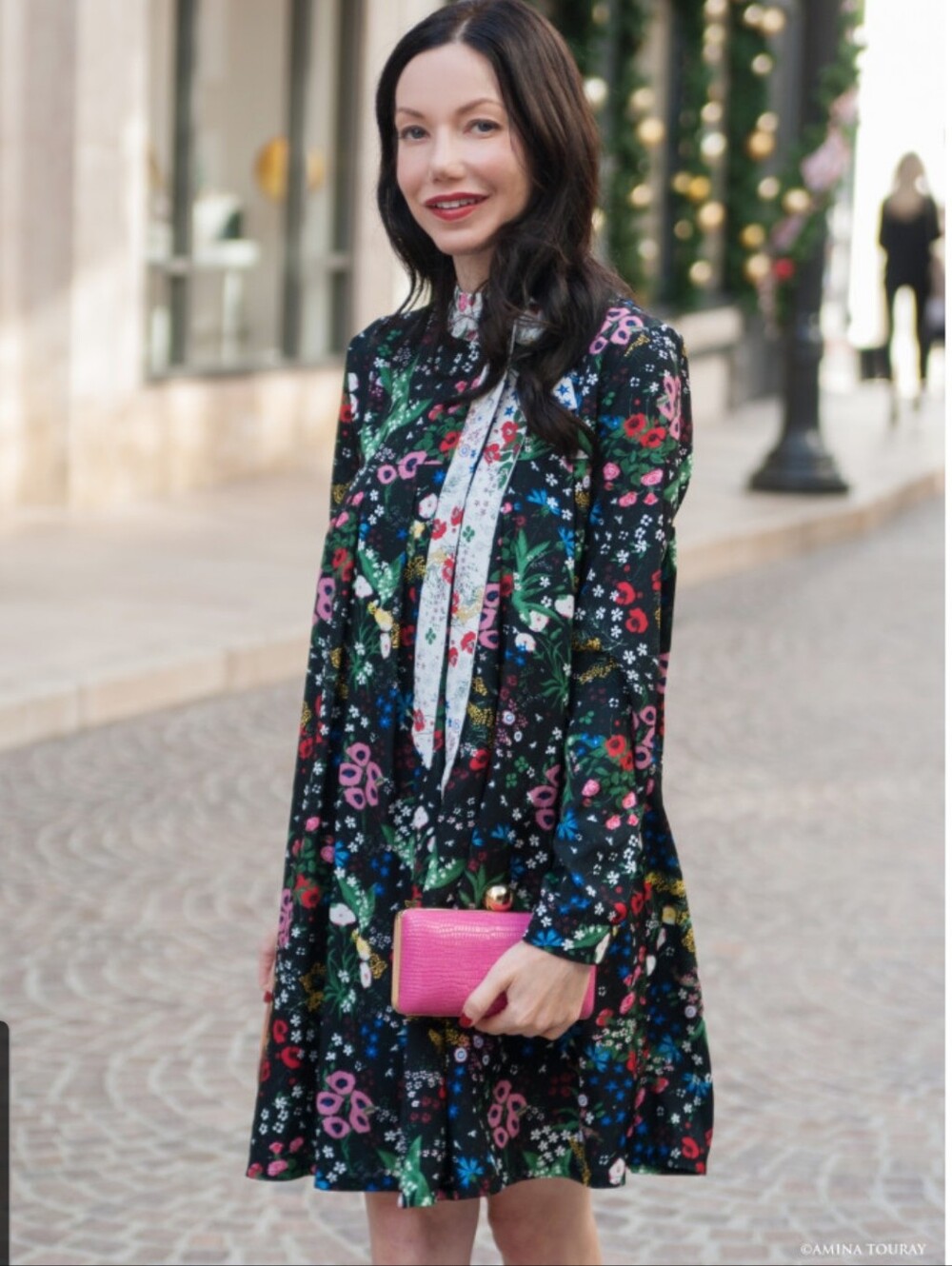 Pixie Market Black Floral Long-Sleeve Tie-Neck Dress